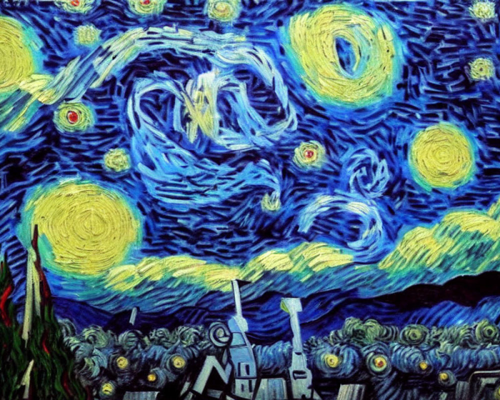 Starry Night Impressionist Painting with Swirling Clouds