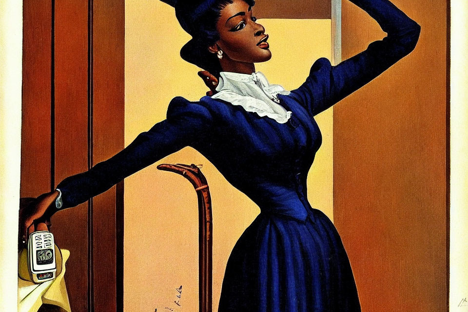 Vintage Blue Dress Illustration: Stylish Woman with White Collar and Poised Posture