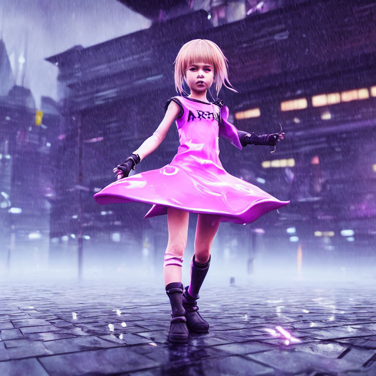 Digital artwork: Young girl with blonde hair in purple dress standing on wet cobblestone street under rainy