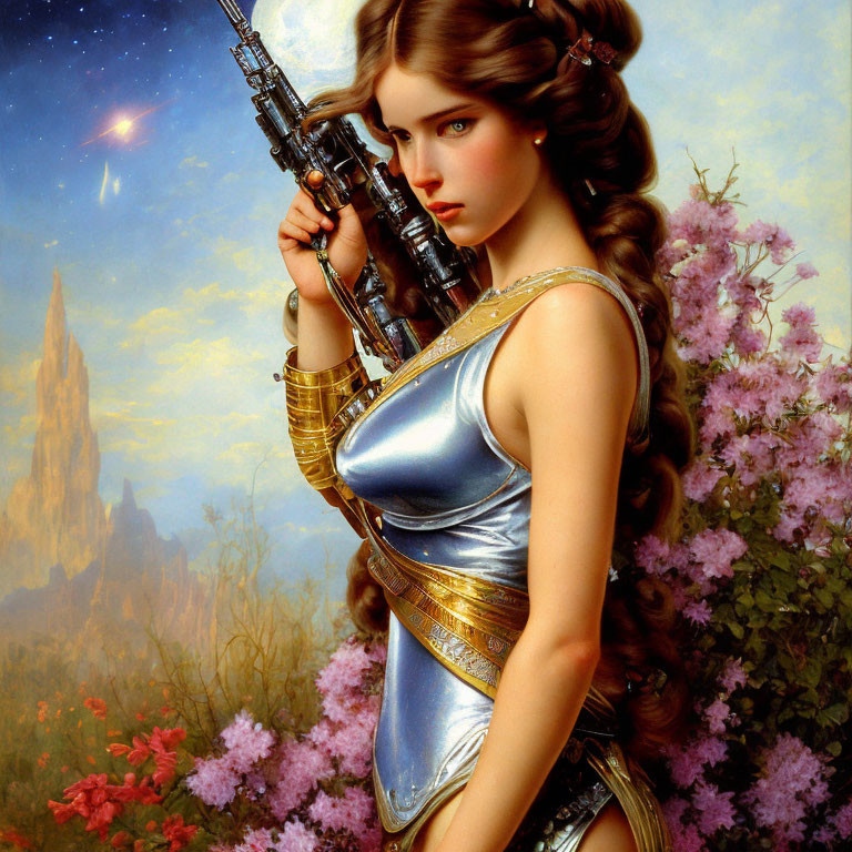 Fantasy artwork of woman with braided hair, rifle, metallic dress, lush flora, distant castle