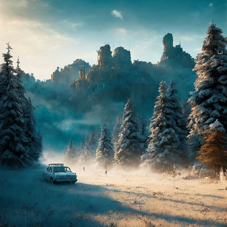 Vintage car in snowy forest with illuminated castle