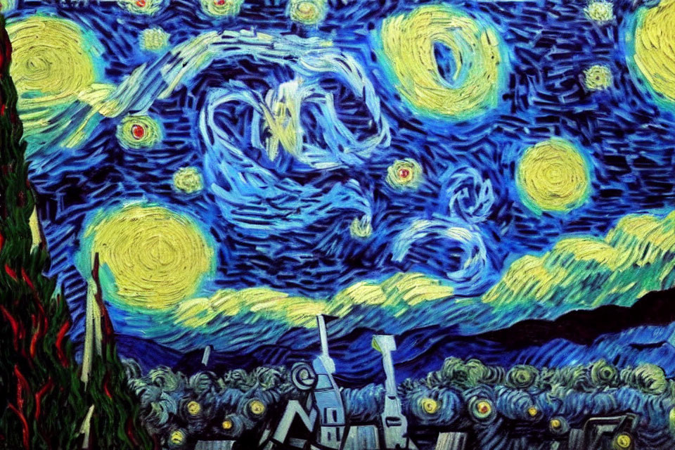 Starry Night Impressionist Painting with Swirling Clouds