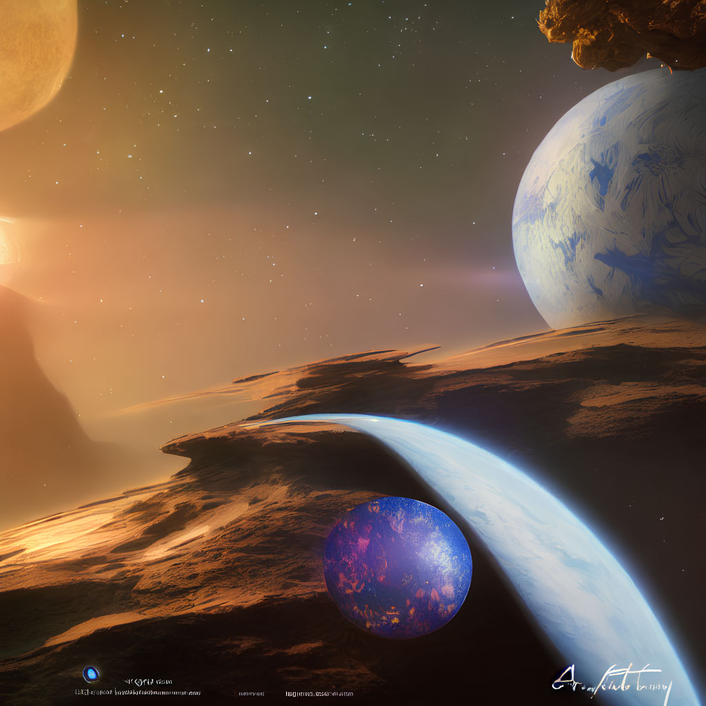 Space Art: Rocky Surface with Blue Planet and Galaxy