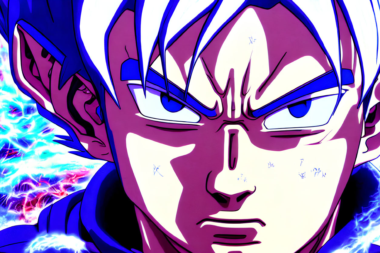 Intense expression animated character with blue and white aura, spiky hair, and pointed ears