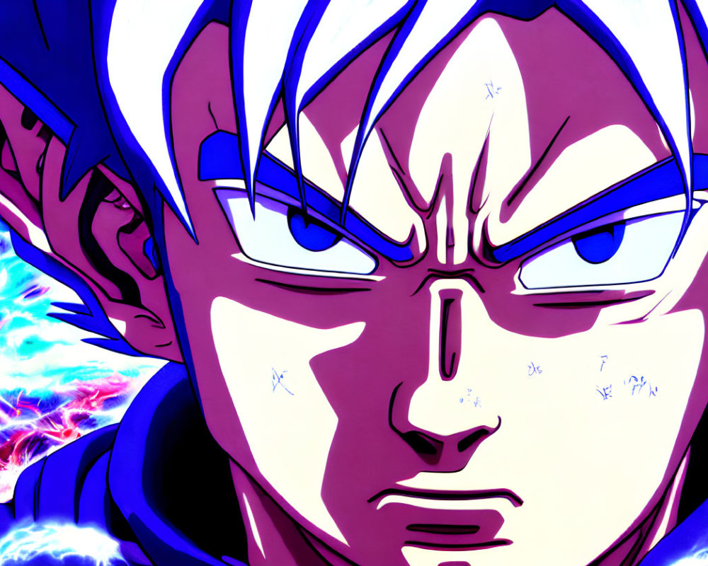 Intense expression animated character with blue and white aura, spiky hair, and pointed ears