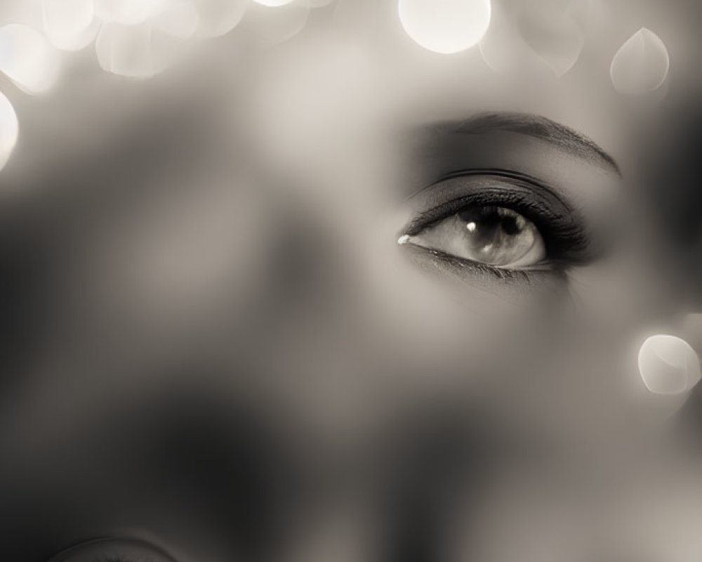 Monochrome close-up of eyes with bokeh circles.