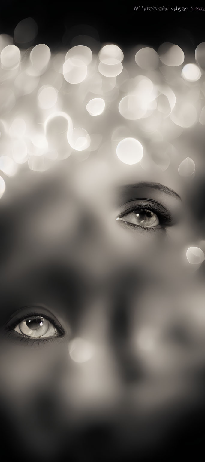 Monochrome close-up of eyes with bokeh circles.