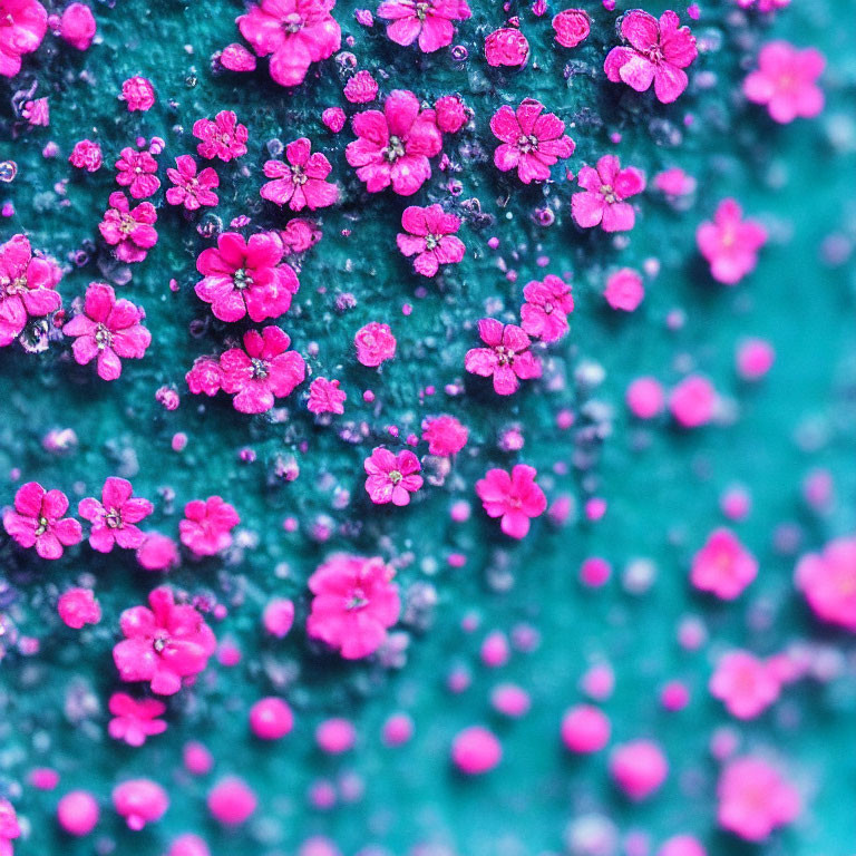 Bright pink flowers with dew drops on turquoise background - detailed and vibrant image.