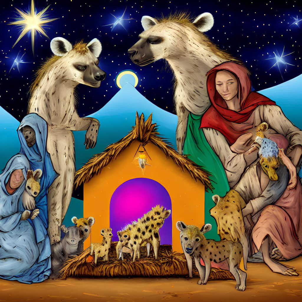 Nativity Scene Illustration with Human Figures and Hyenas under Starry Sky