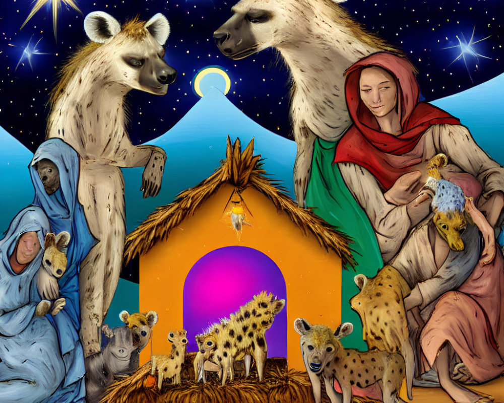 Nativity Scene Illustration with Human Figures and Hyenas under Starry Sky