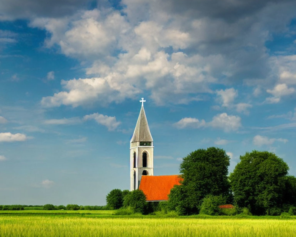 Solitary Church with Red Roof and White Steeple in Green Fields