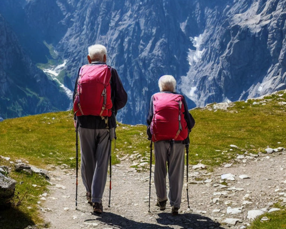 Elderly hikers with walking poles on mountain path