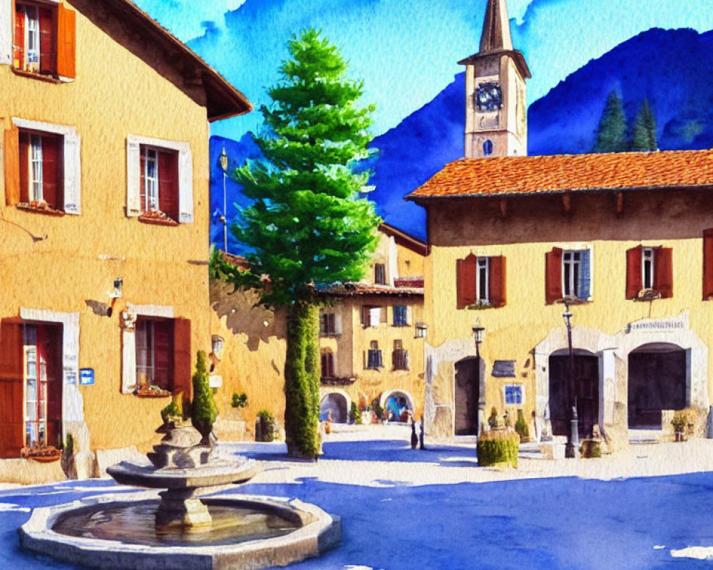 Colorful Watercolor Painting of Quaint Village Square with Fountain and Church Spire