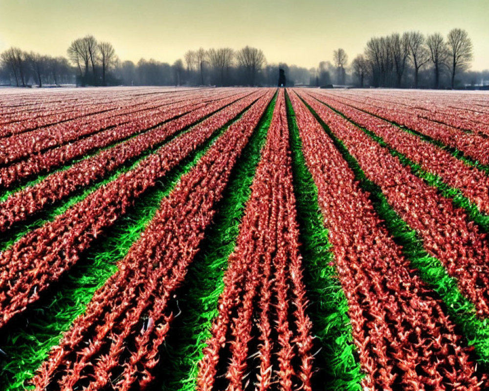 Vibrant red tulips in field with sunset or sunrise backdrop