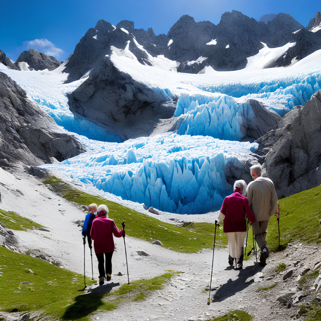 Elderly hikers with walking sticks near majestic glacier and mountains