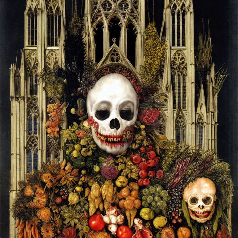 Detailed artwork: Large skull made of fruits, vegetables, and plants with smaller skulls, against gothic