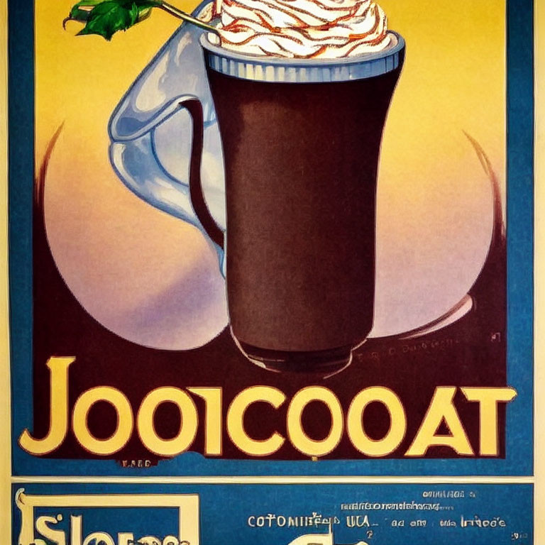 Classic Hot Chocolate Ad with Whipped Cream and Cherry on Blue and Yellow Background