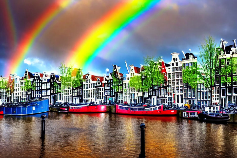 Double rainbow over colorful Amsterdam canal with traditional Dutch houses and boats