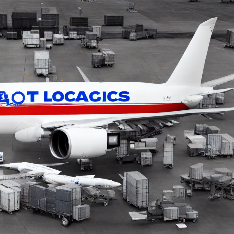 Commercial Airliner with "LOT LOGACICS" Text Surrounded by Cargo Containers