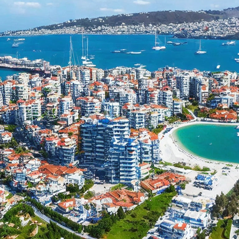 Coastal City Aerial View: Dense Buildings, Curving Beach, Boats on Blue Water