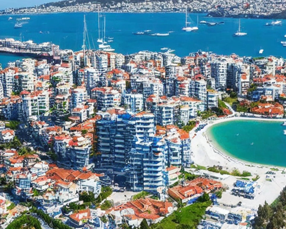 Coastal City Aerial View: Dense Buildings, Curving Beach, Boats on Blue Water