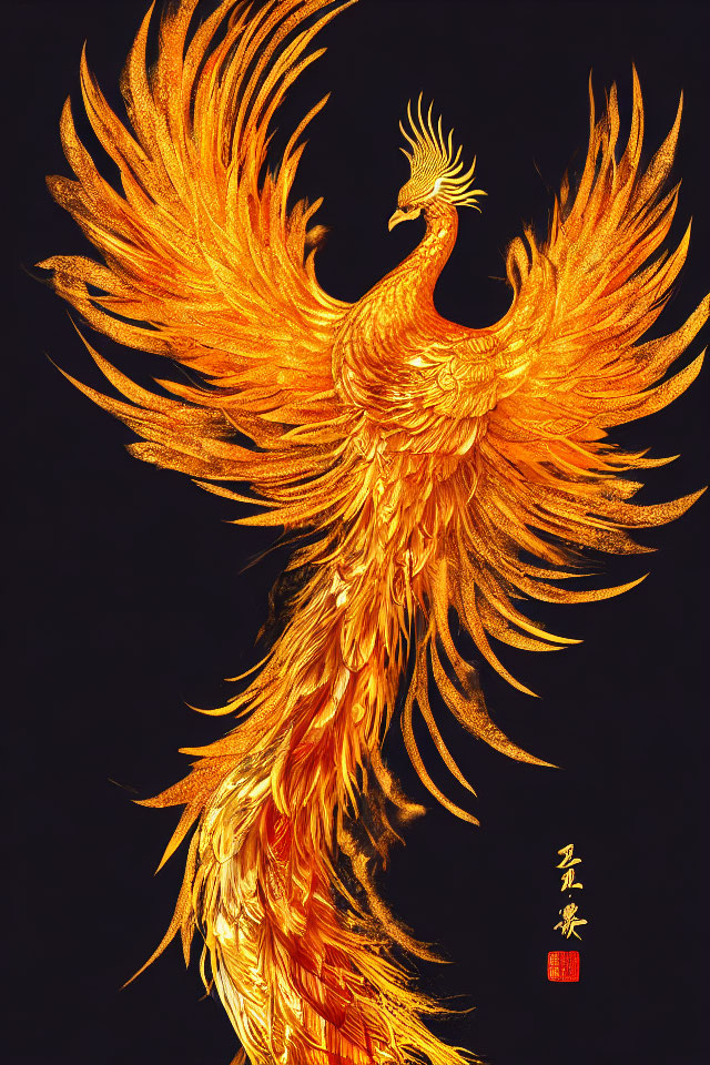 Vibrant Phoenix Illustration with Asian Calligraphy on Black Background