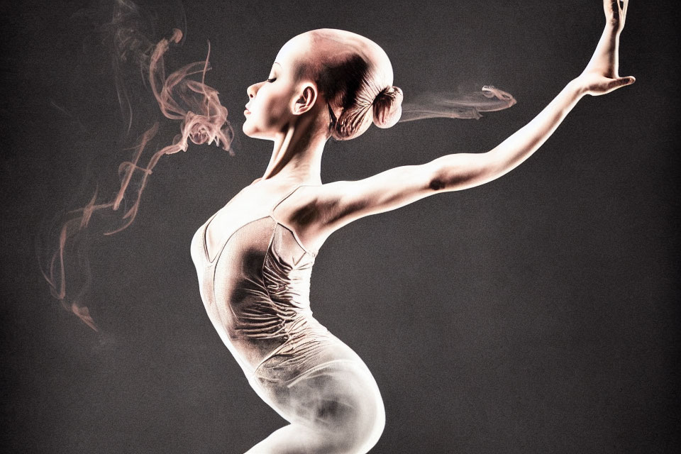 Elegant ballet dancer in silver leotard with swirling smoke effect