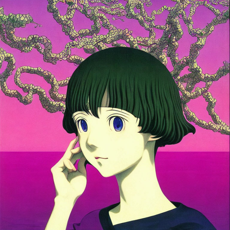 Illustration: Girl with Bobbed Hair and Blue Eyes Against Purple Backdrop