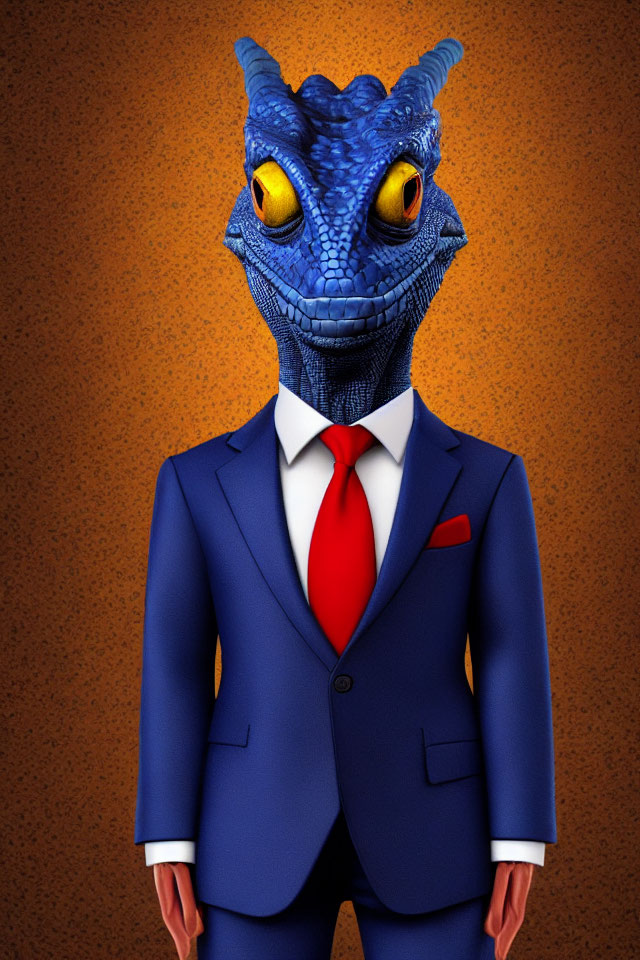 Digital artwork of lizard-headed creature in blue suit and red tie on orange background