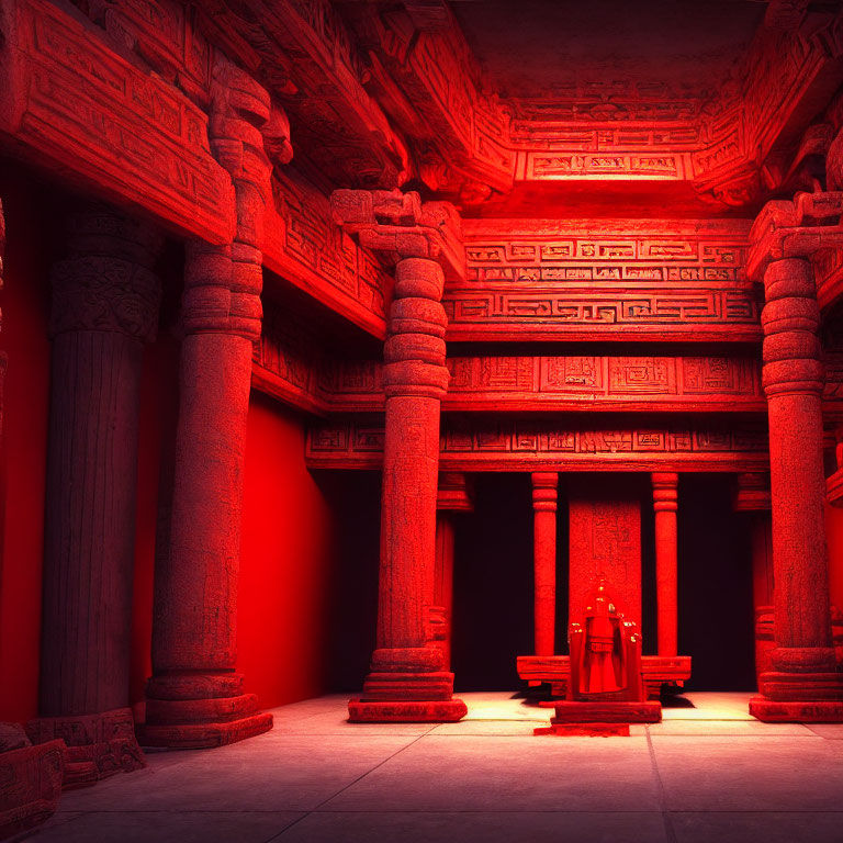 Intricate Ancient Architecture and Figure in Red-Illuminated Room