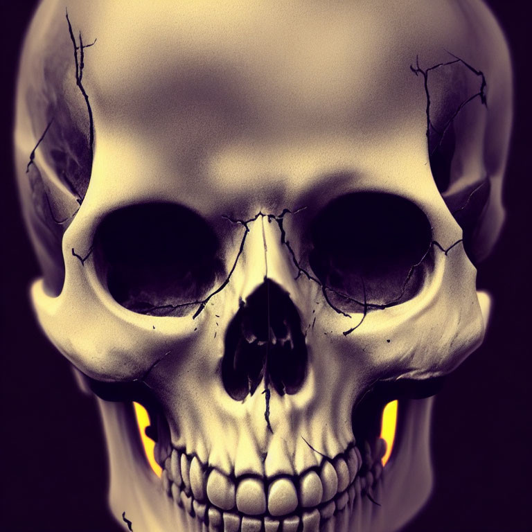 Digital artwork: Skull with glowing orange eyes and cracked features