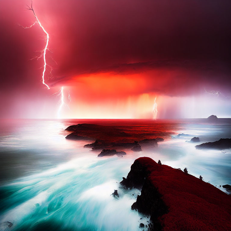 Vibrant red skies, lightning strikes, and turbulent seas on dark coastal rocks