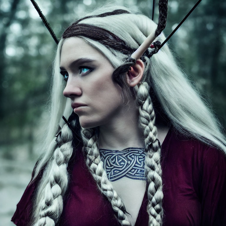 White-haired elf-like woman with braids and Celtic tattoo in burgundy top