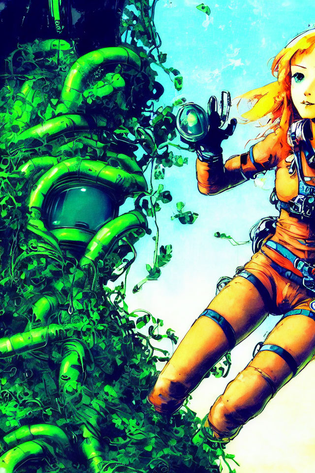 Futuristic orange person with robotic companion and green mechanical tentacles