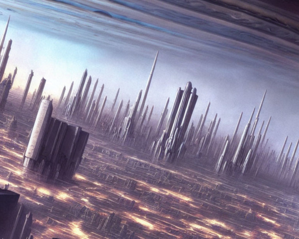 Futuristic cityscape with towering spires and glowing lights