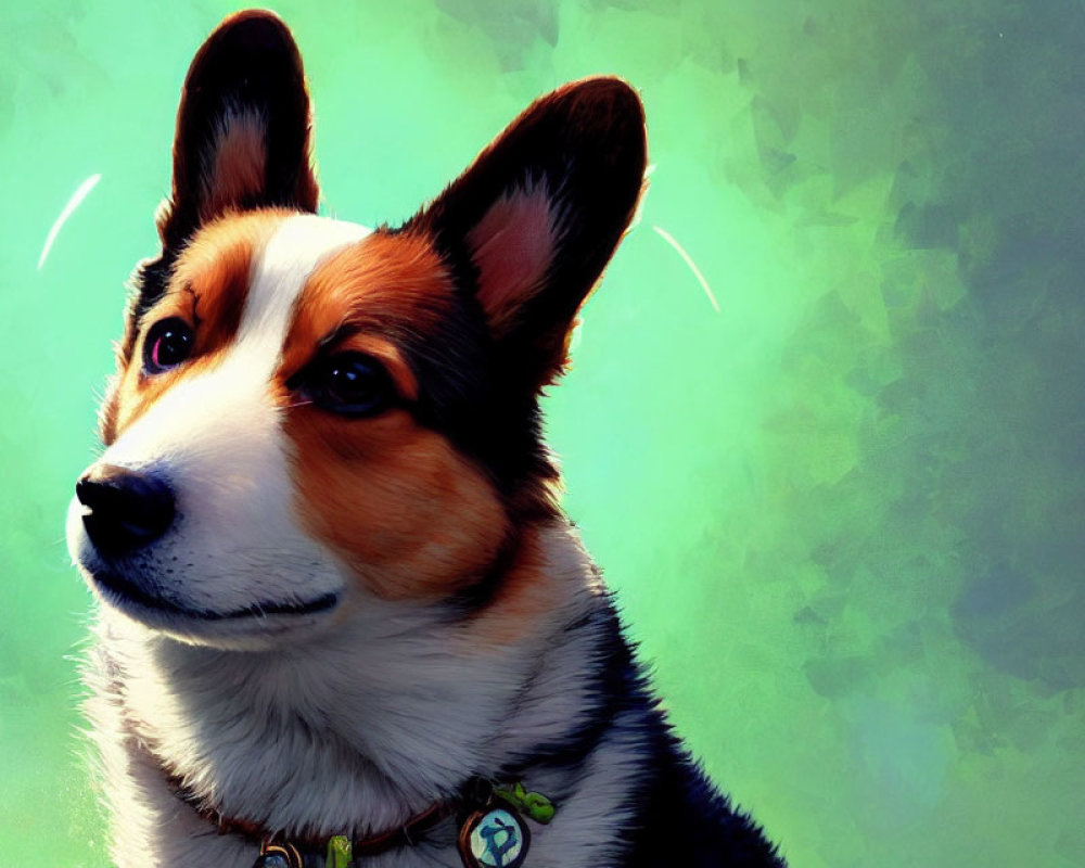 Tricolor Corgi Digital Artwork on Green Background