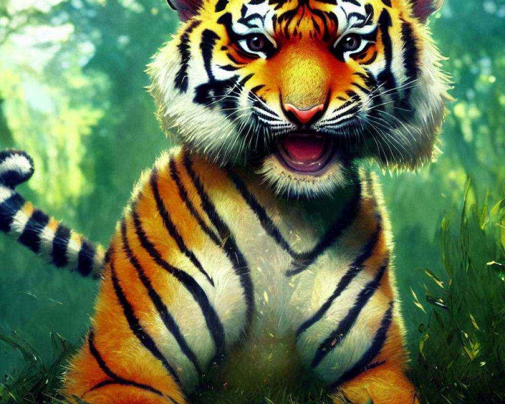 Digitally created tiger with orange fur and black stripes in lush green forest