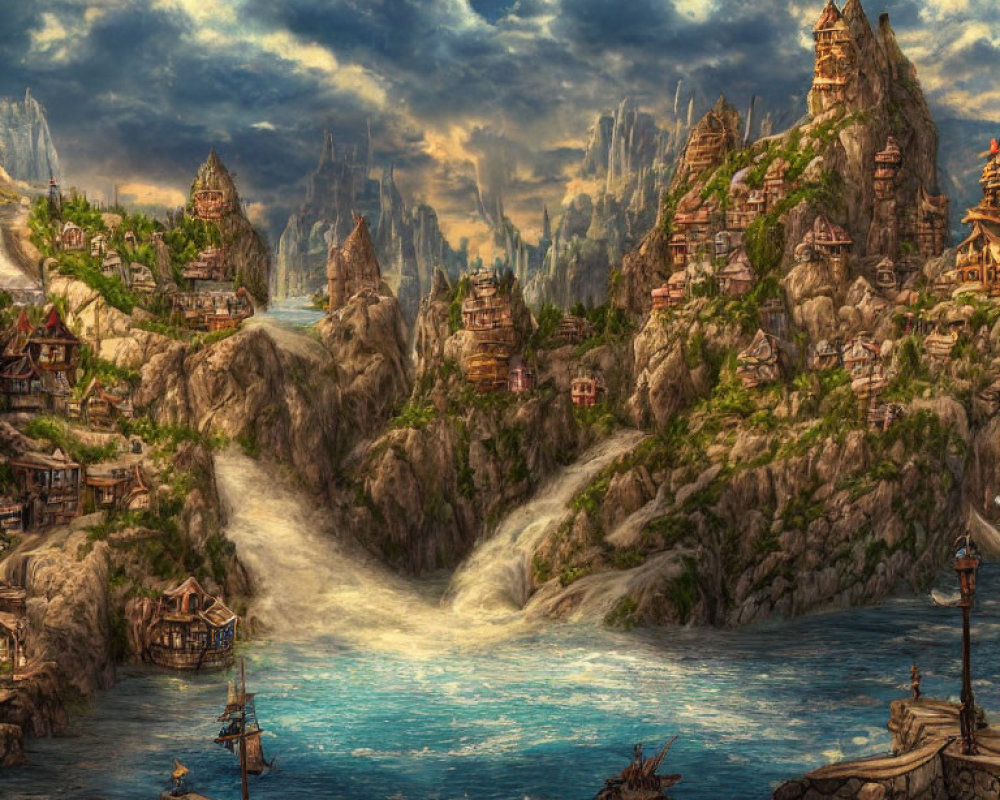 Fantastical coastal landscape with rugged cliffs, village, waterfalls, ships