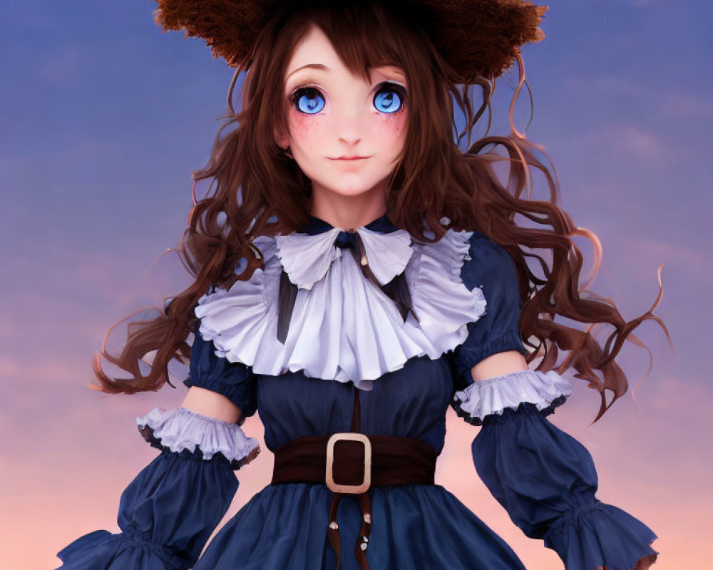 Digital Artwork: Girl with Blue Eyes and Brown Hair in Vintage Dress against Twilight Sky