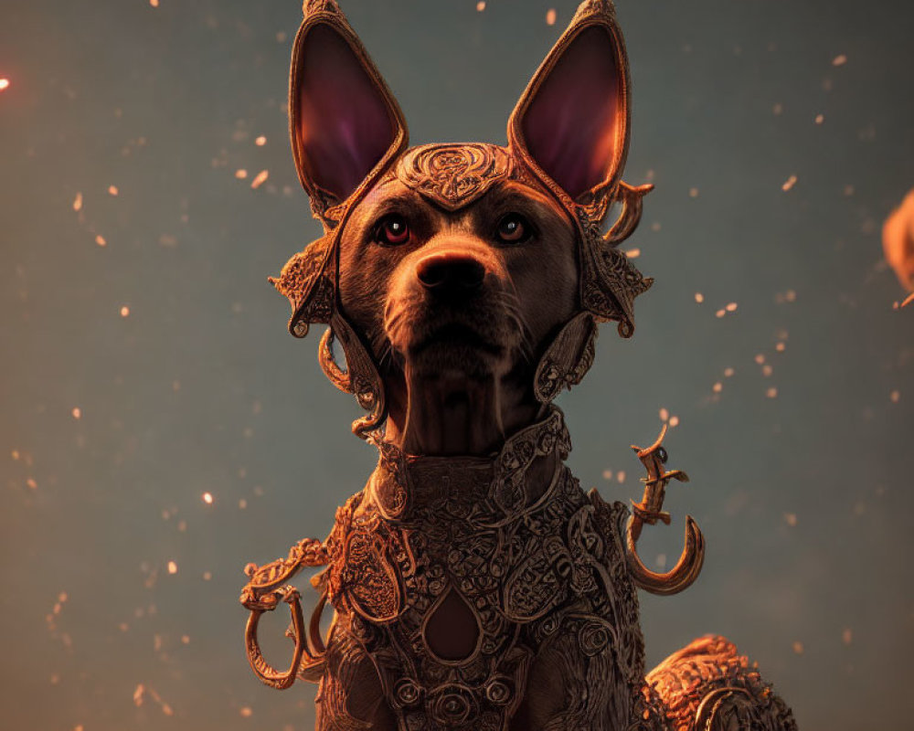 Armored dog with intricate patterns and alert ears in front of glowing embers