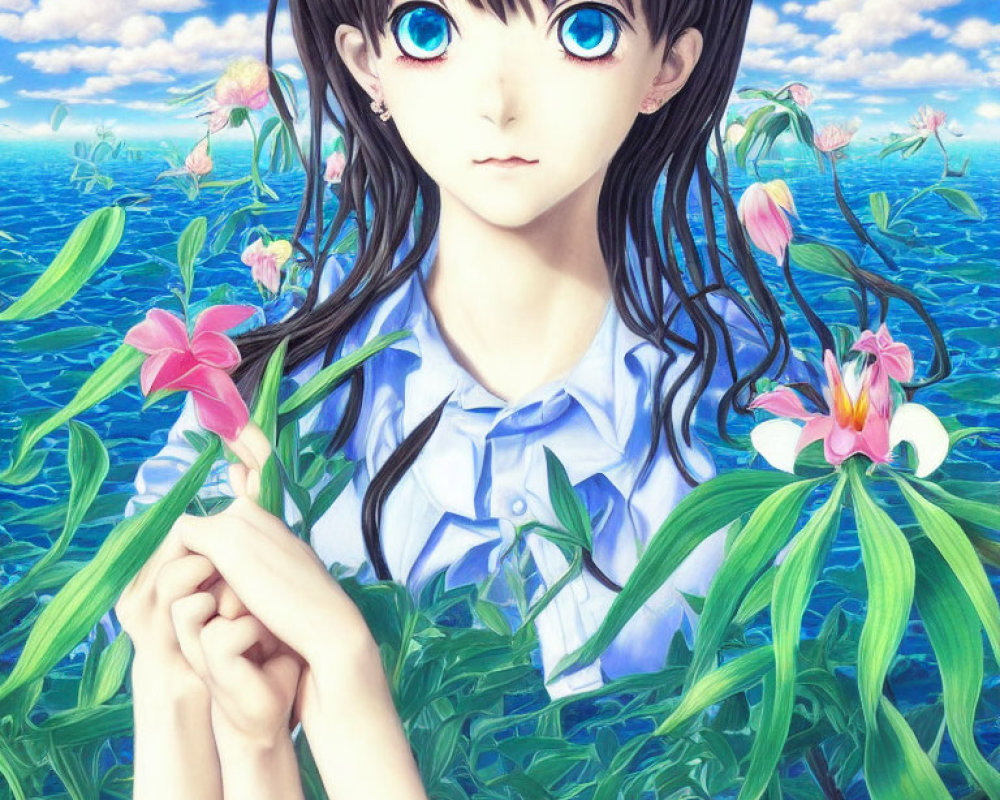 Anime-style girl with blue eyes and long hair in field with pink flower