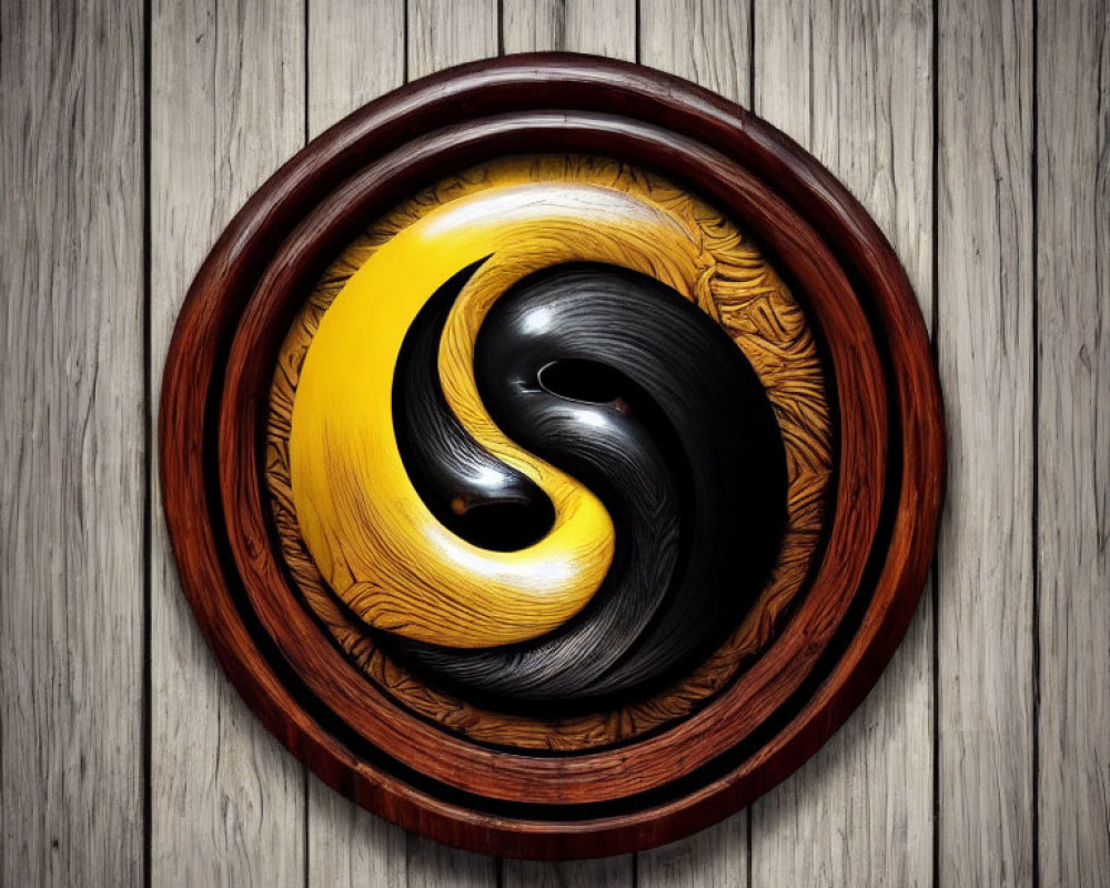 Wooden 3D Yin-Yang Symbol with Black and Gold Textured Halves