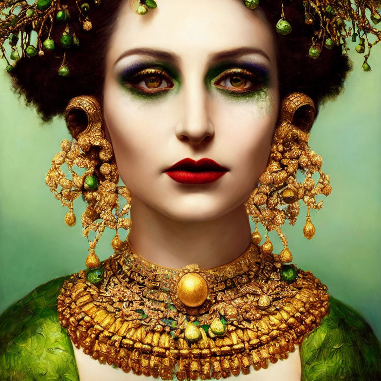Elaborate Gold Jewelry and Vibrant Makeup on Woman with Greenery Adorned Hair