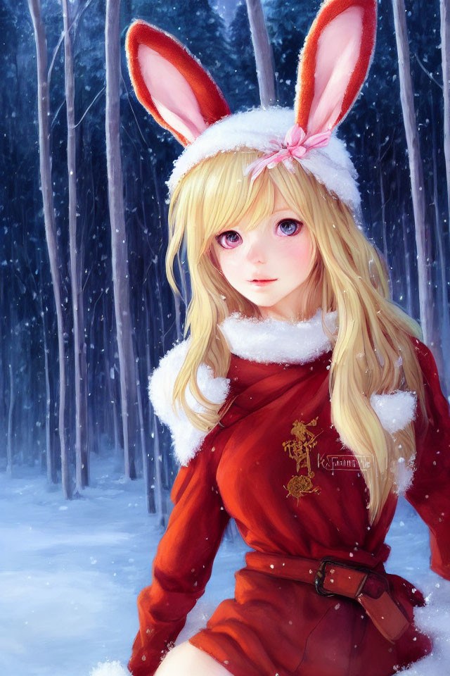 Blonde anime character with rabbit ears in Santa outfit in snowy forest