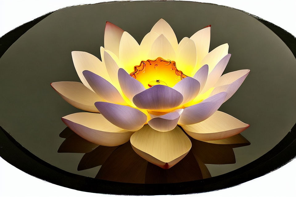 Illuminated white and purple artificial lotus flower on dark water surface