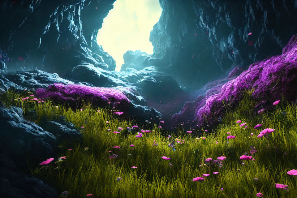 Sunlit Cave with Green, Purple, and Pink Flora