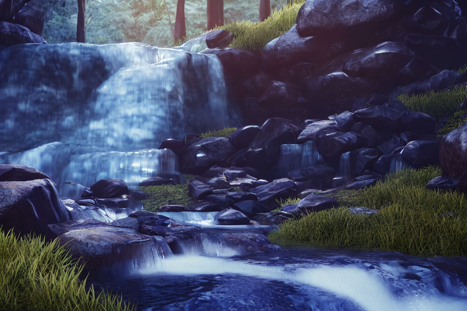 Tranquil forest scene with serene waterfall and lush greenery