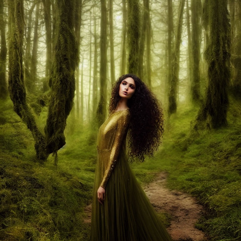 Woman in Golden-Green Dress on Misty Forest Path