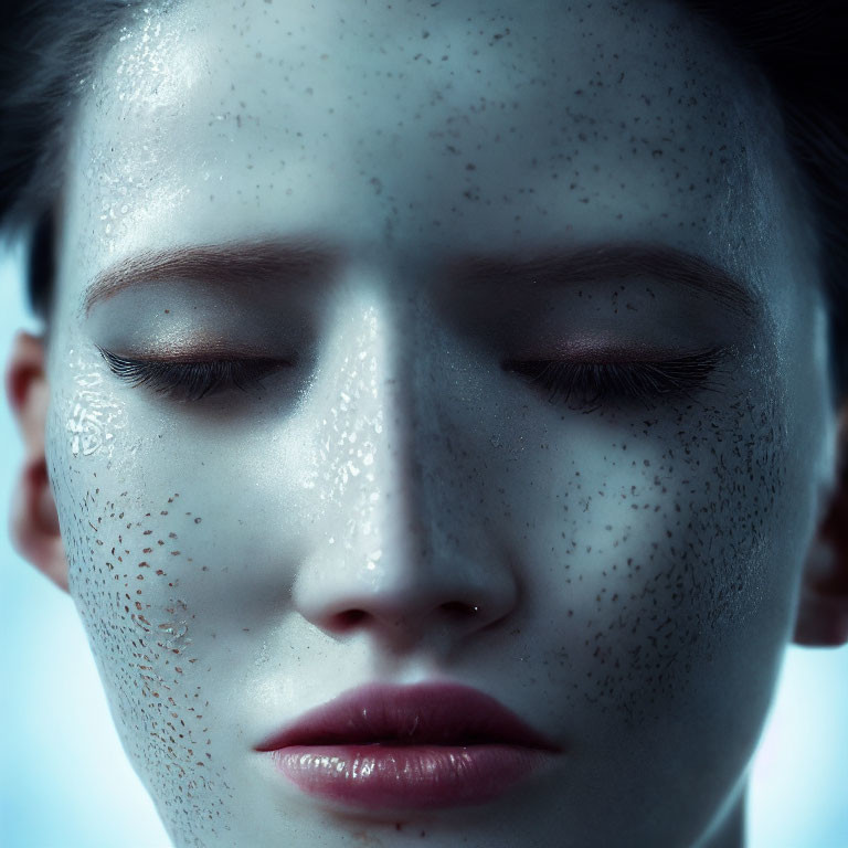 Person with freckles and dewy skin, eyes closed in serene close-up.