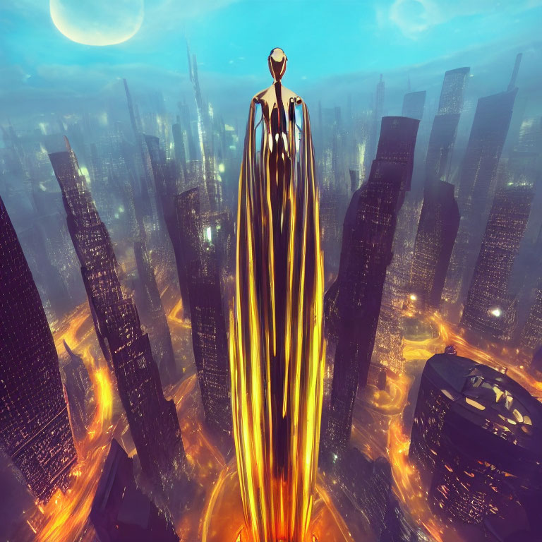 Futuristic cityscape with skyscrapers, moon, and golden flame-like structure